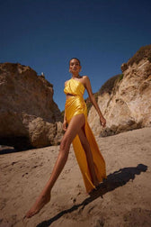 Elegant One Shoulder Cutout High Split Silky Satin Evening Maxi Dress - Yellow 2