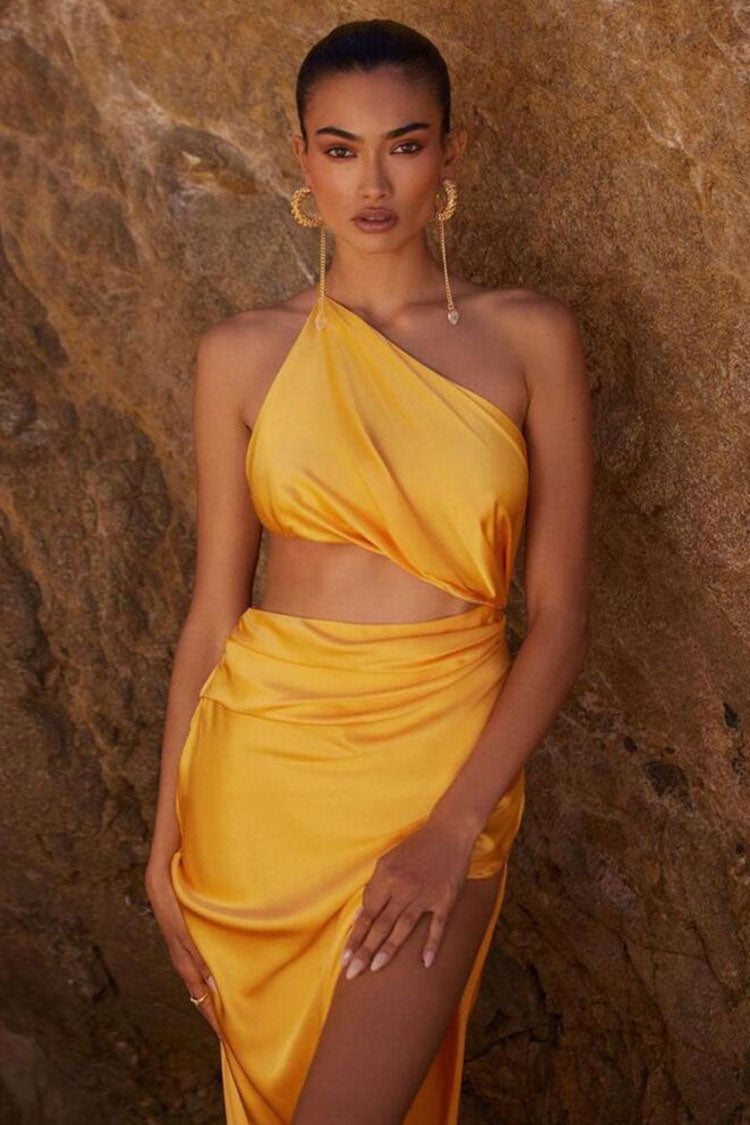 Elegant One Shoulder Cutout High Split Silky Satin Evening Maxi Dress - Yellow 3