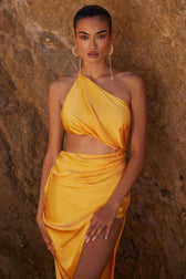 Elegant One Shoulder Cutout High Split Silky Satin Evening Maxi Dress - Yellow 3