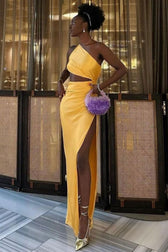 Elegant One Shoulder Cutout High Split Silky Satin Evening Maxi Dress - Yellow 4