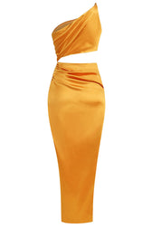 Elegant One Shoulder Cutout High Split Silky Satin Evening Maxi Dress - Yellow 6