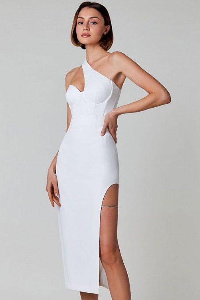 Elegant One Shoulder Rhinestone High Split Cocktail Party Midi Dress - White 2