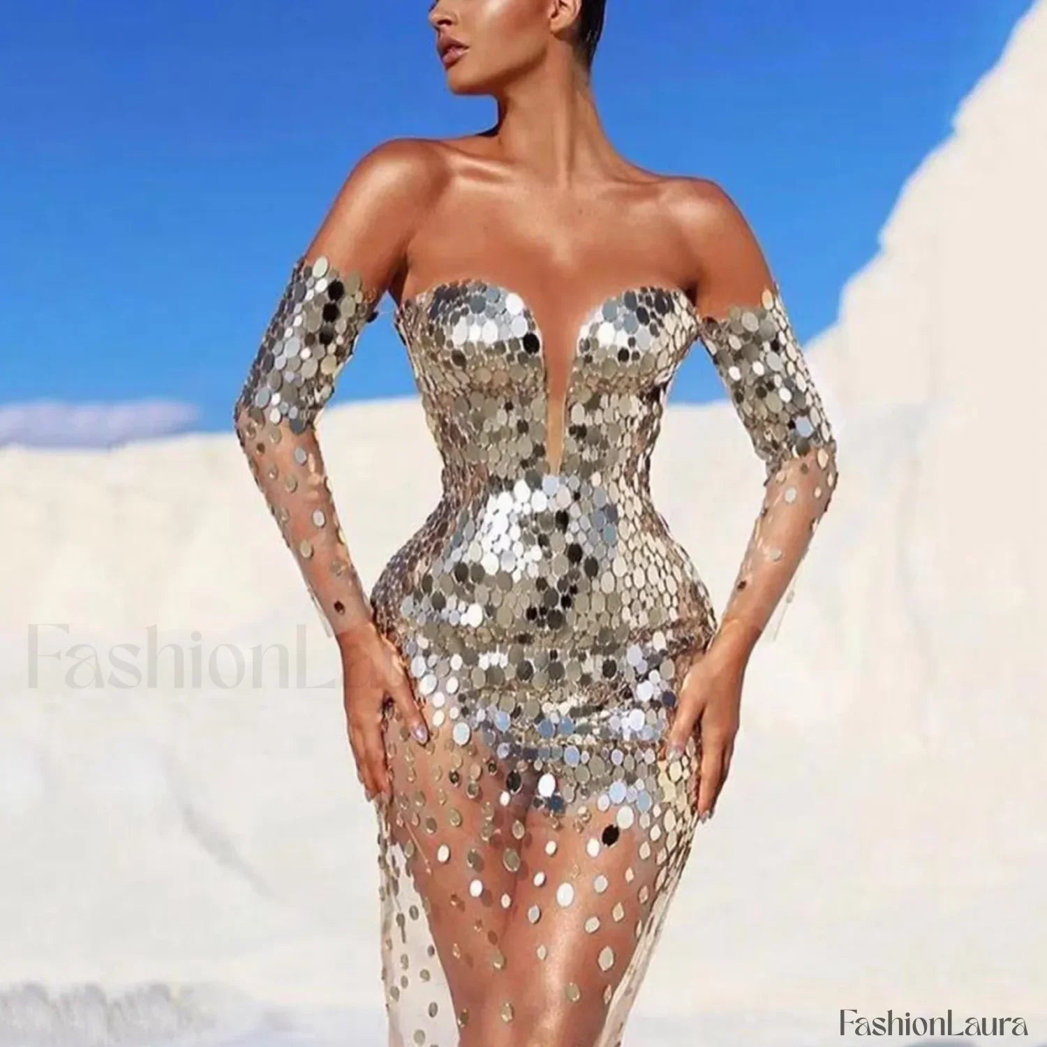 Elegant Party For Women 2024 Sexy Mesh See Through Deep V Neck Evening Prom Dress