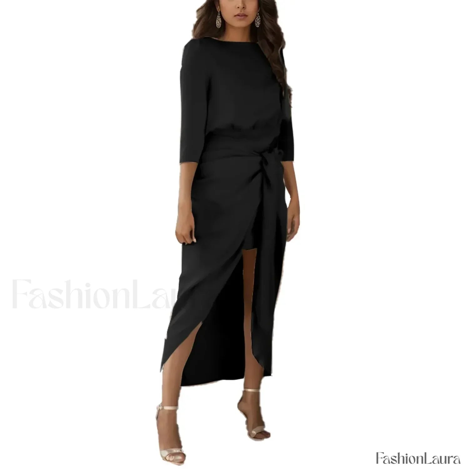 Elegant Party For Women Satin Long Sleeve Tie Waist Side Slit Midi Wedding Guest For Women Vestidos Prom Dress