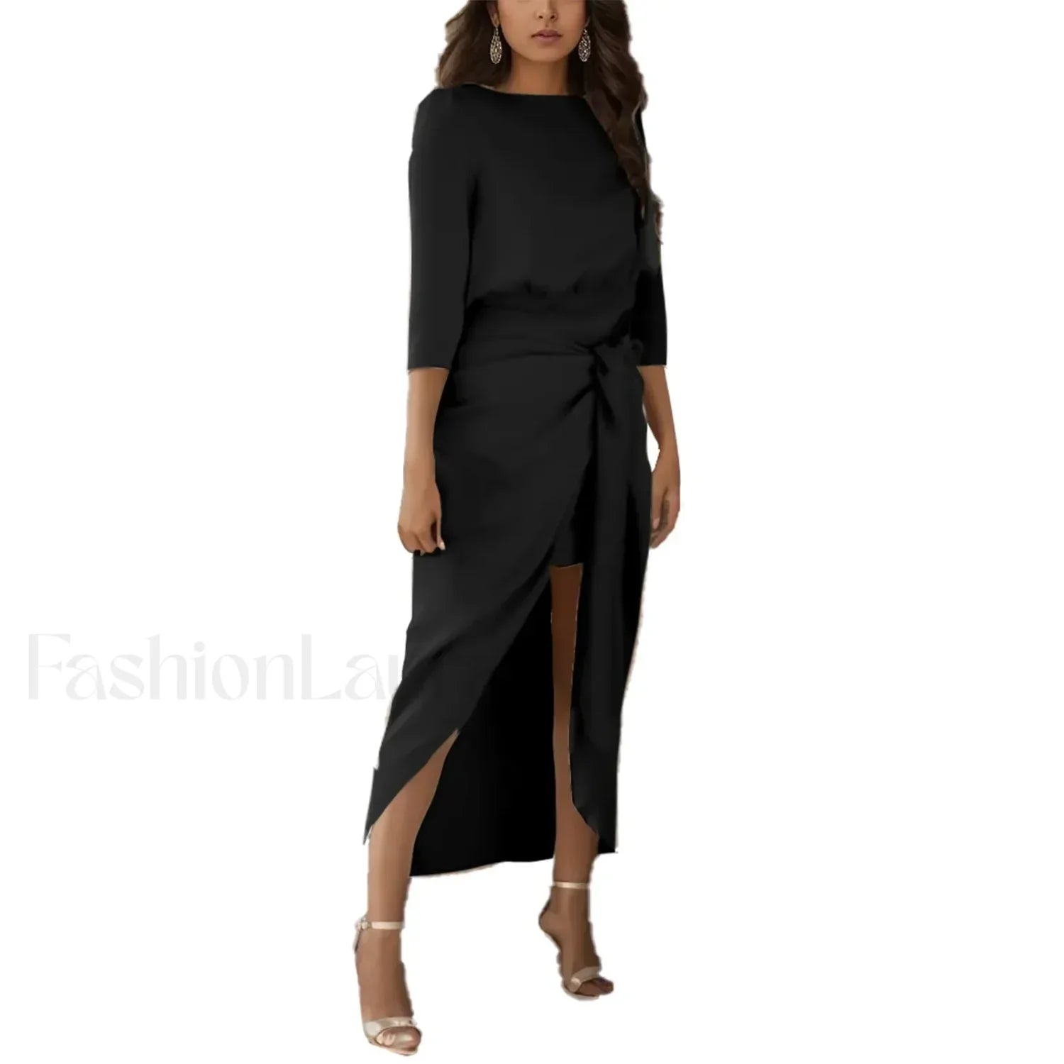 Elegant Party For Women Satin Long Sleeve Tie Waist Side Slit Midi Wedding Guest For Women Vestidos Prom Dress