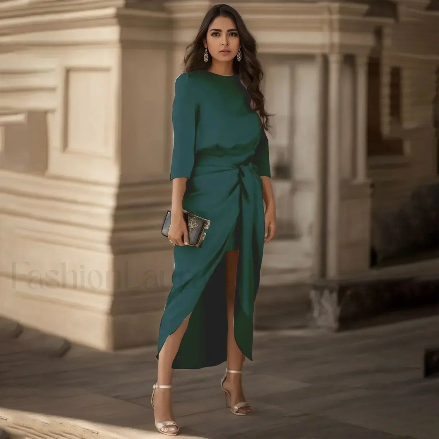 Elegant Party For Women Satin Long Sleeve Tie Waist Side Slit Midi Wedding Guest For Women Vestidos Prom Dress Green / S