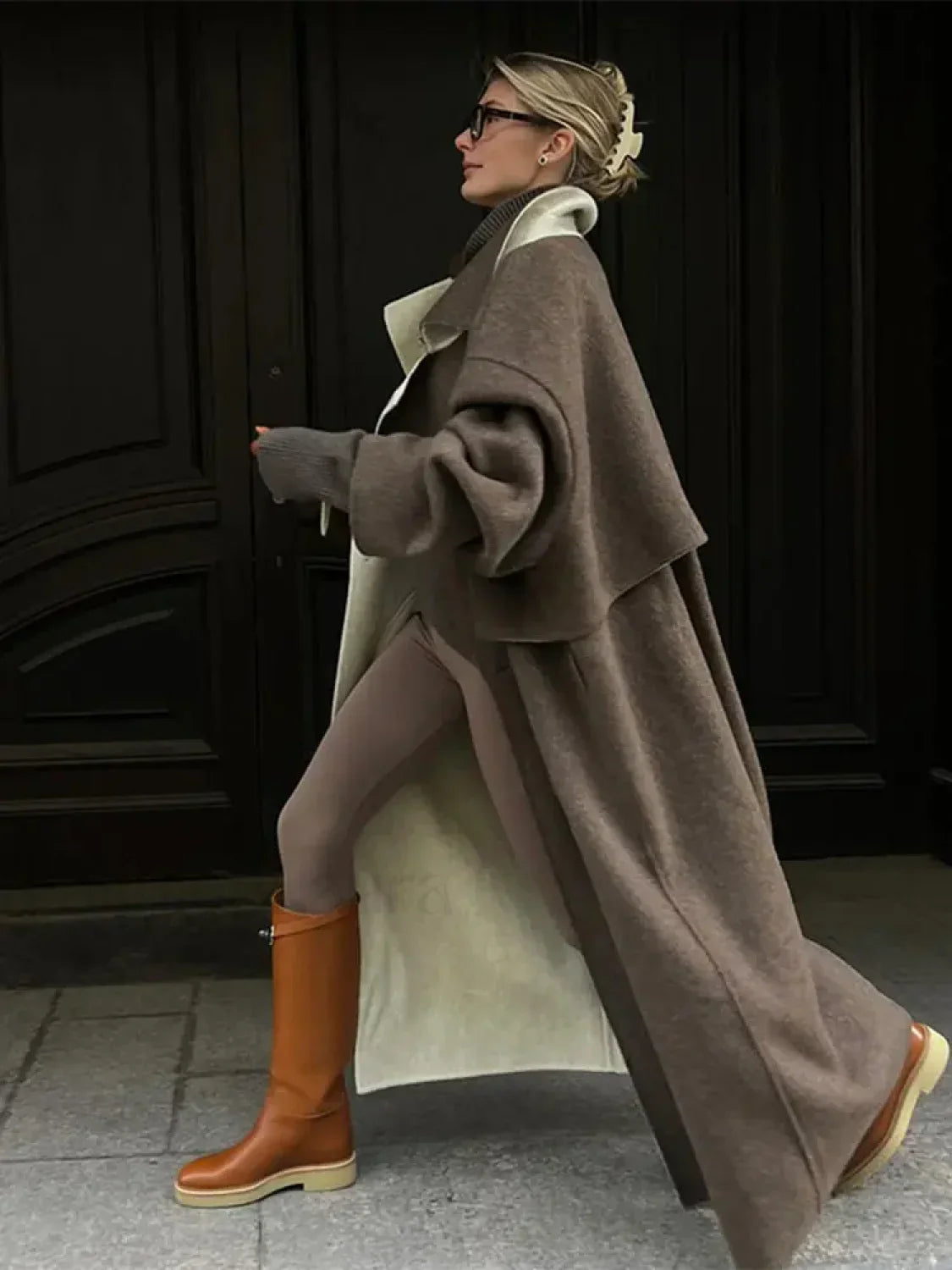 Elegant Patchwork Lapel Long Sleeve Woolen Overcoats