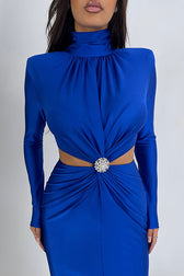 Elegant Rhinestone Twist Cutout Waist Long Sleeve Cocktail Midi Dress - Blue 2