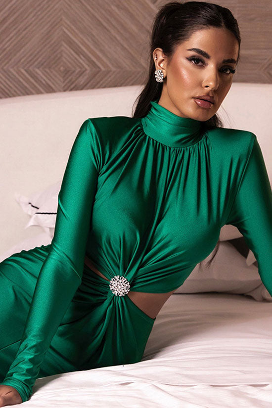Elegant Rhinestone Twist Cutout Waist Long Sleeve Cocktail Midi Dress - Green 4