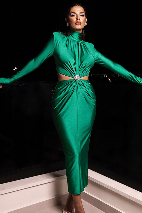 Satin Mock Neck Long Sleeve Rhinestone Twist Cut Out Waist Midi Dress