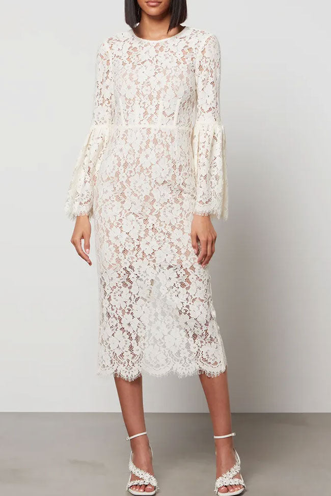 Round Neck Bell Sleeve Floral Lace Eyelash Trim Sheath Midi Dress
