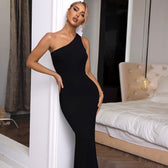 Elegant Ruched Trim One Shoulder Open Back Gown Maxi Dress - Black 2
