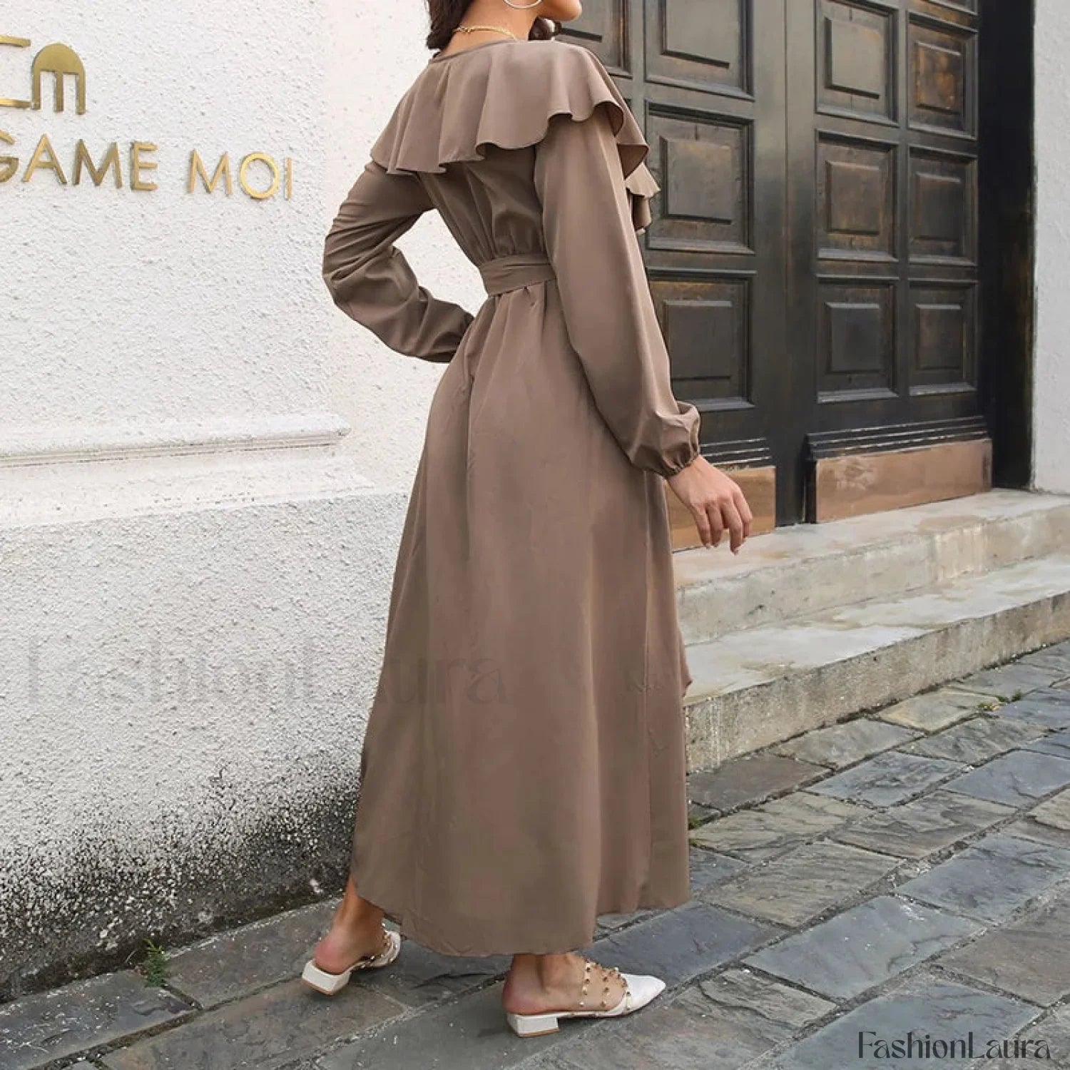 Elegant Ruffle Hem Split Fall V-neck Lantern Sleeve Solid Slim Midi Dress