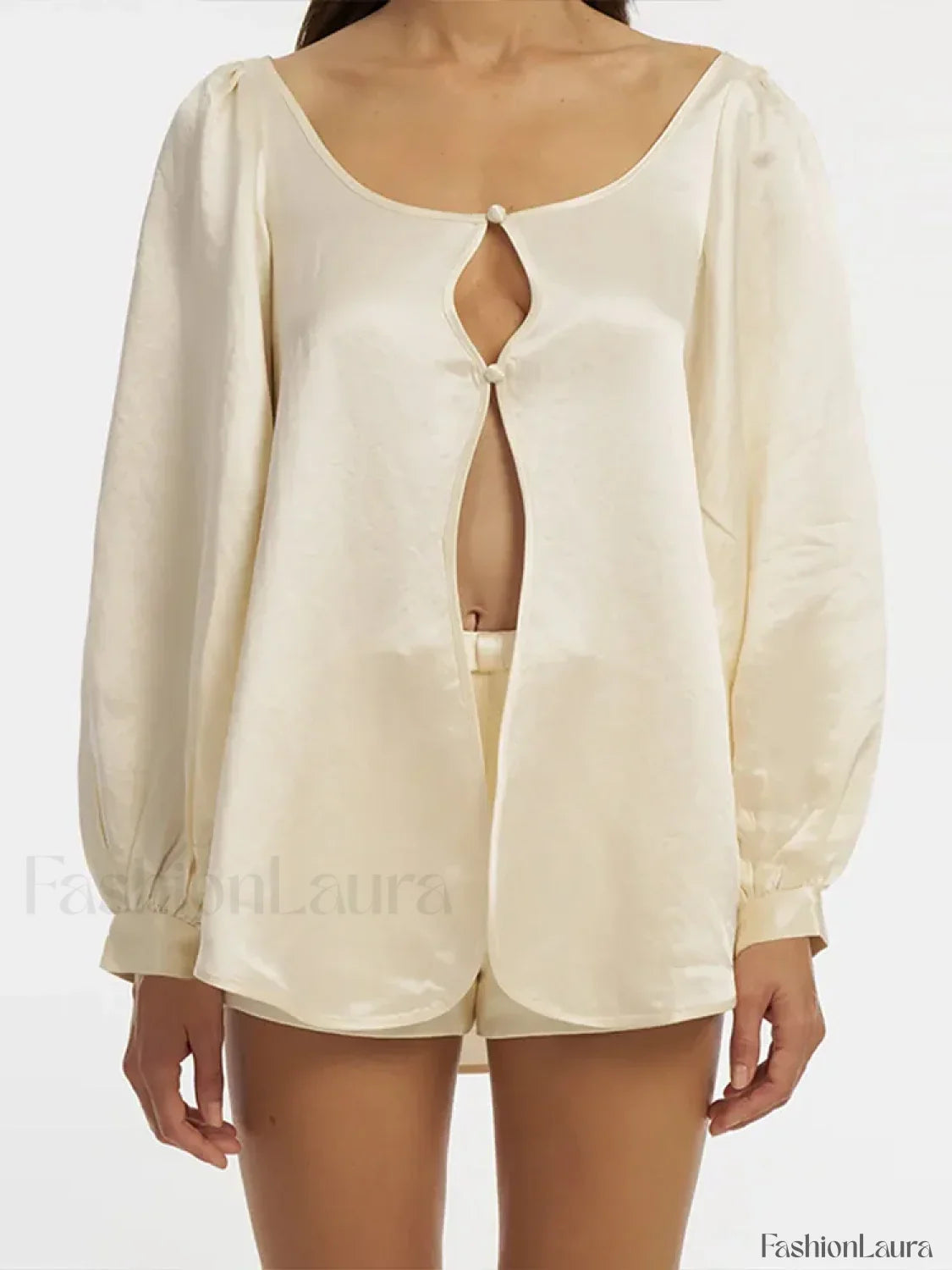 Elegant Satin Long Sleeve Shorts Two Piece Set