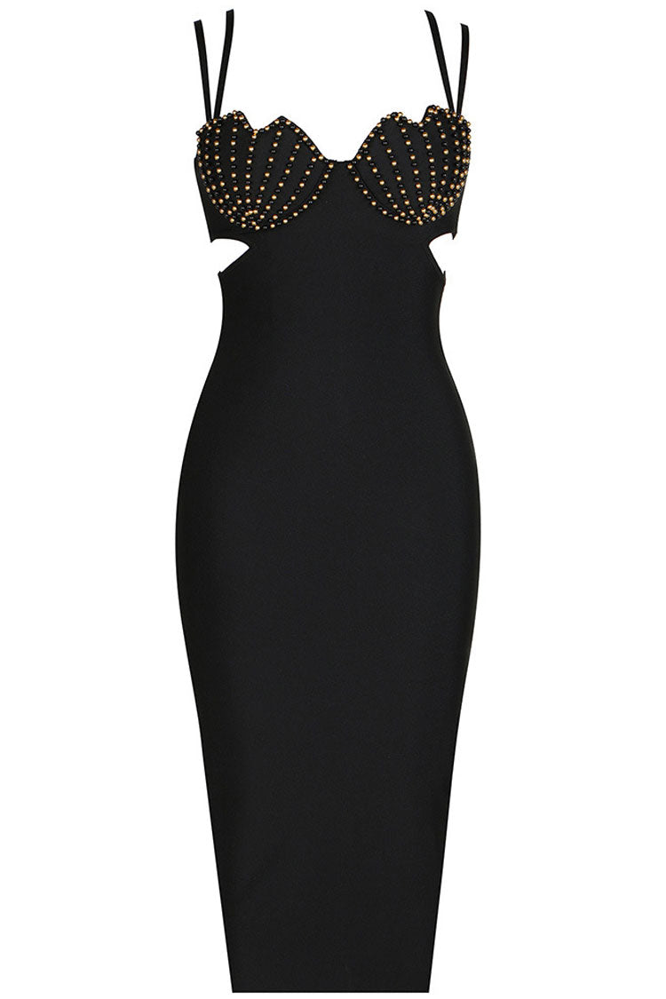 Elegant Seashells Sweetheart Cutout Bandage Sleeveless Midi Dress - Black 5