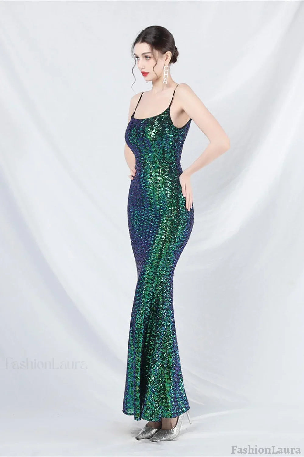 Elegant Sequin Cami Maxi Dress S / Green