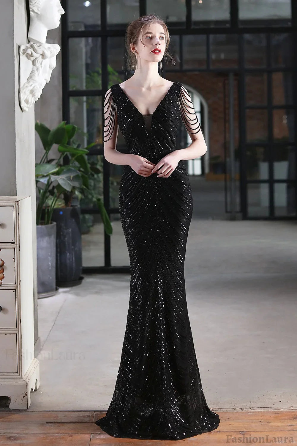 Elegant Sequin Mermaid Party Dress Black / S