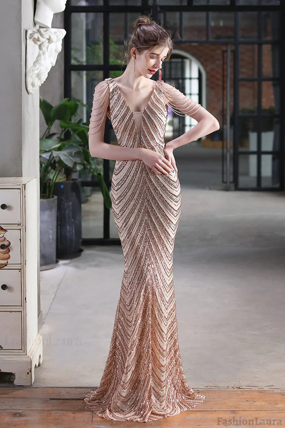 Elegant Sequin Mermaid Party Dress Gold / S
