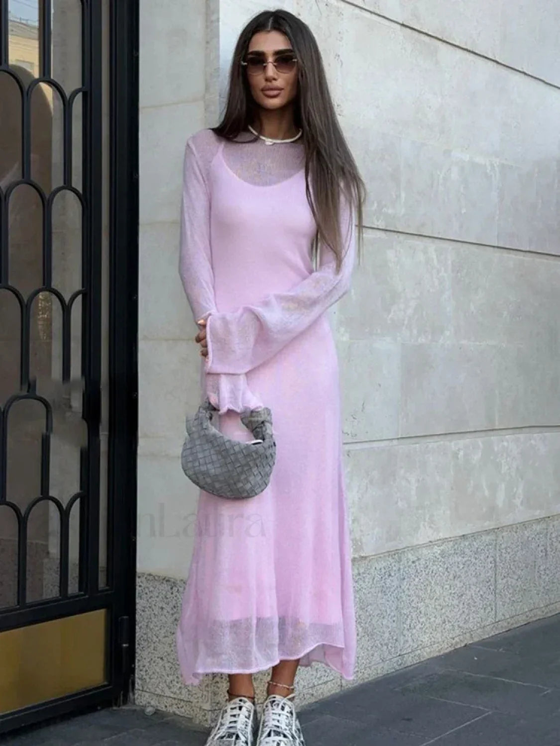 Elegant Solid Knit Beach Cover Up Pink / M