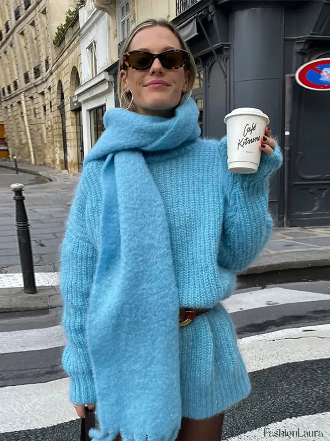 Elegant Solid Knitted Pullover With Scarf Women Fashion O Neck Long Sleeve Loose Sweater