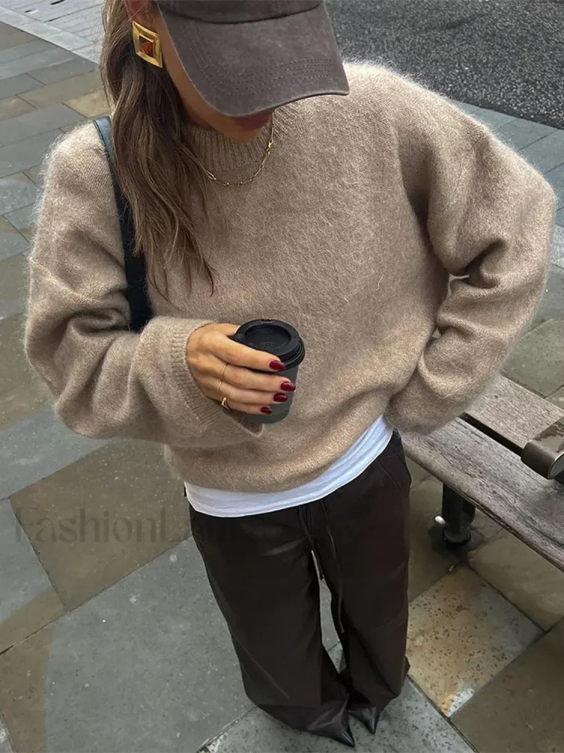 Crew Neck Long Sleeve Fuzzy Knit Oversized Pullover Sweater