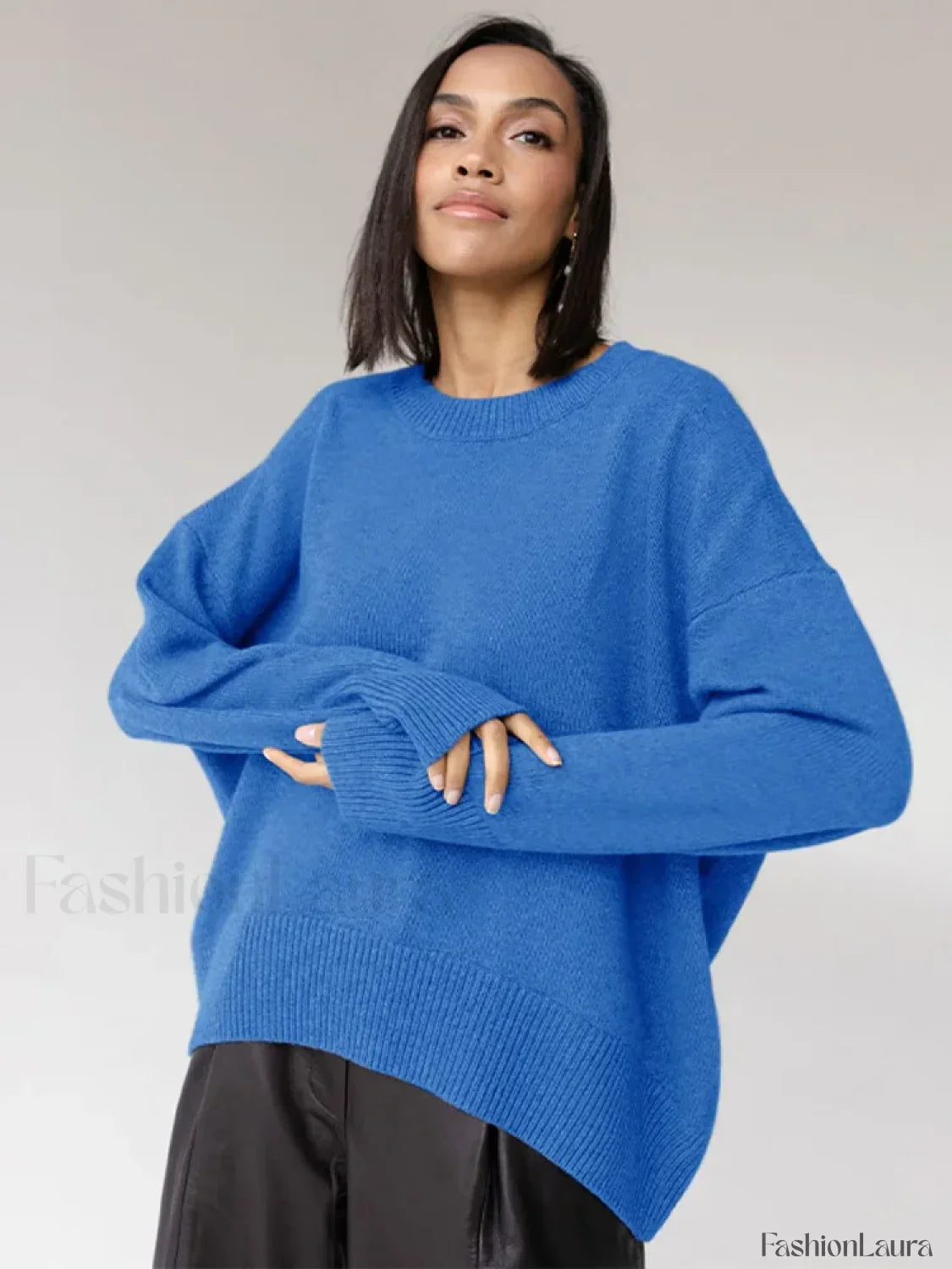 Elegant Solid Round Neck Pullover Women Casual Long Sleeve Loose Soft Warm Sweater