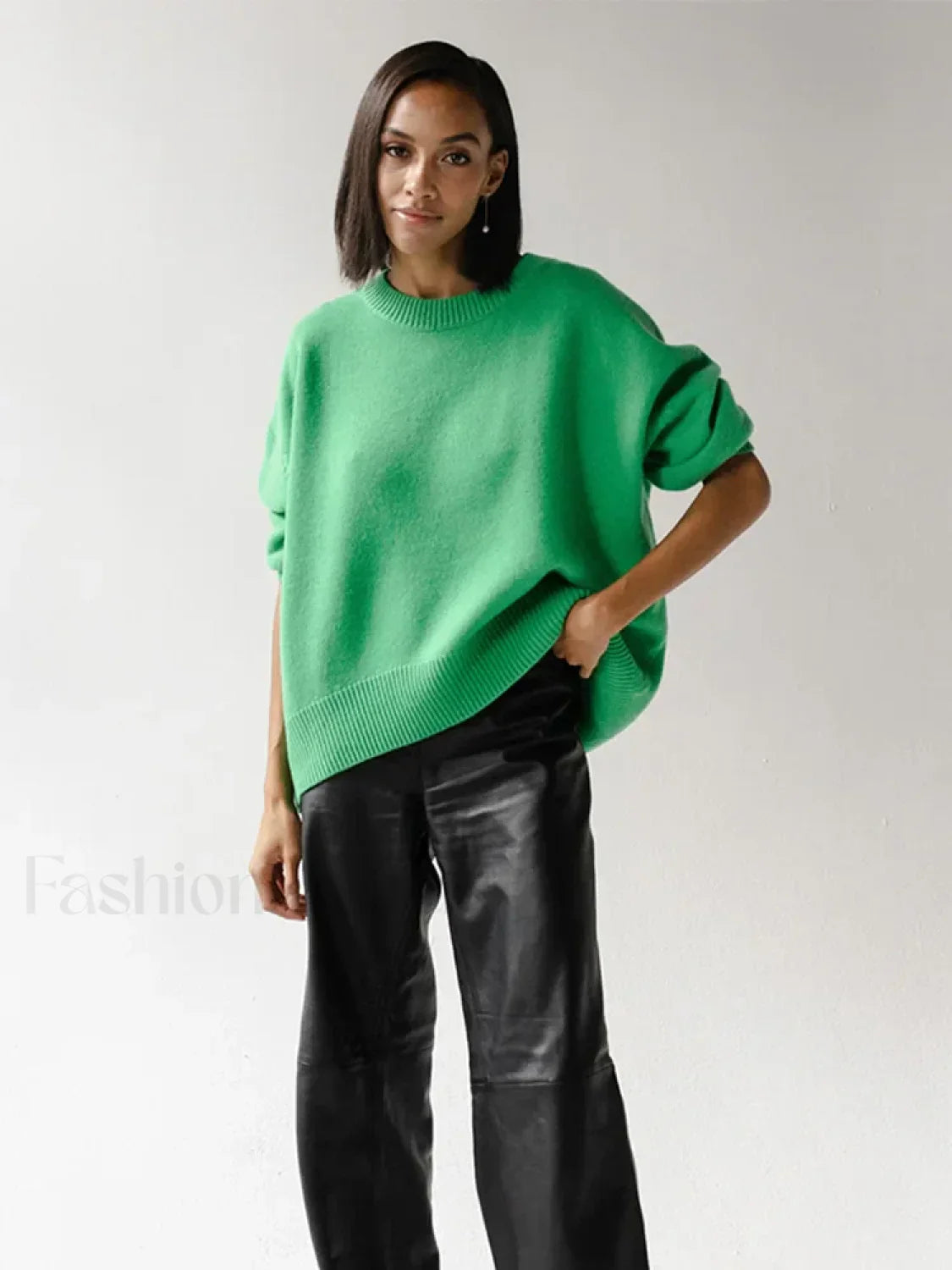 Elegant Solid Round Neck Pullover Women Casual Long Sleeve Loose Soft Warm Sweater