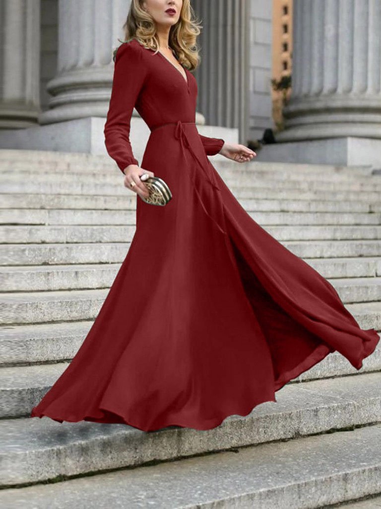 Elegant Solid V neck Lace up Dress