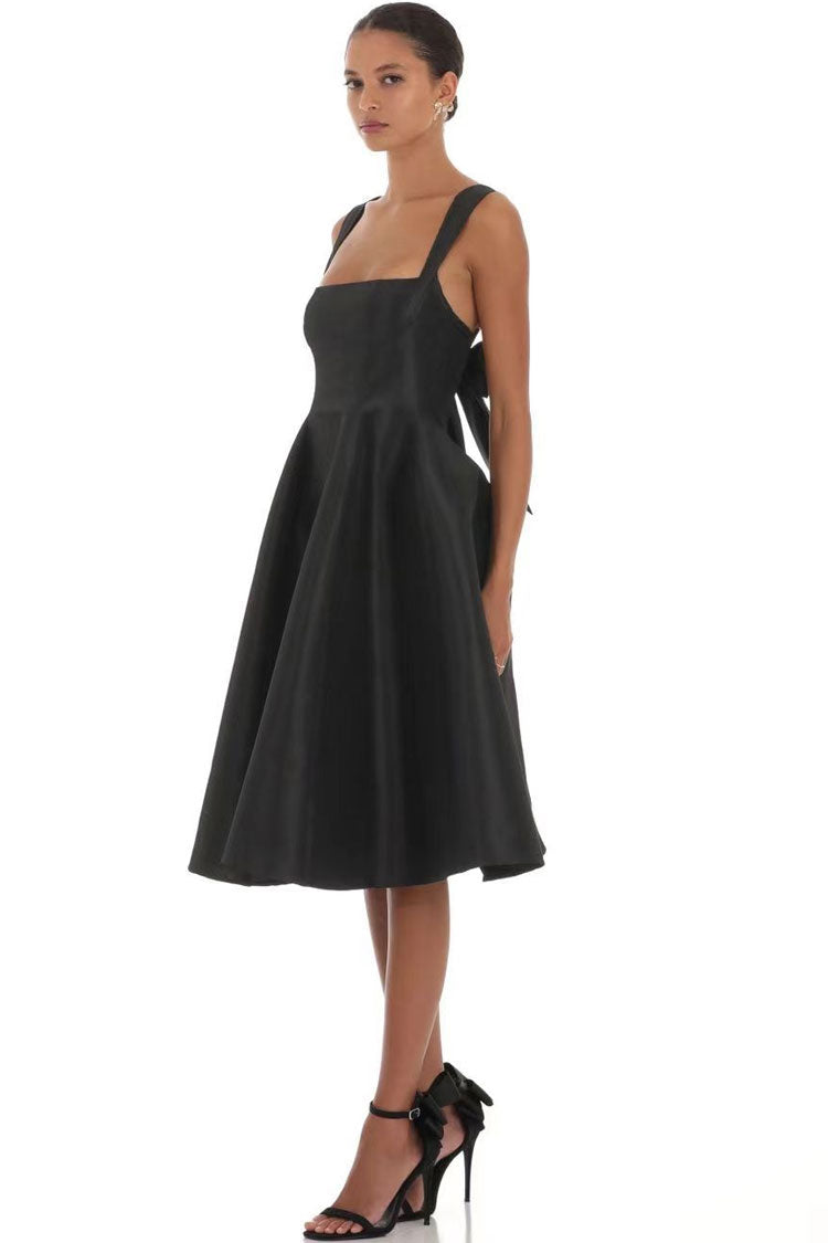 Elegant Square Neck Sleeveless Bow Tie Fit & Flare Cocktail Midi Dress