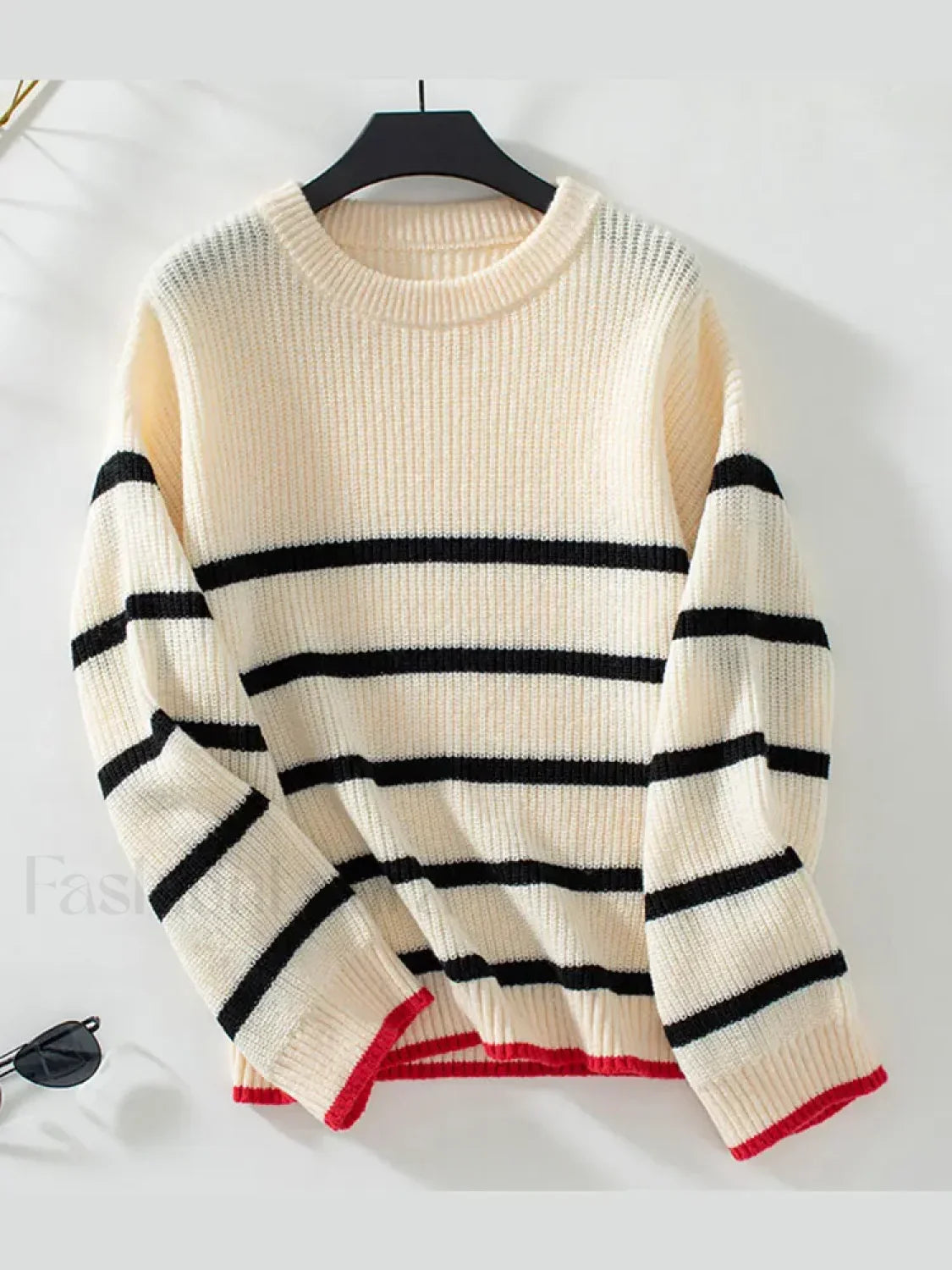 Elegant Striped Round Neck Knitted Pullover Women Casual Long Sleeve Loose Sweater Apricot / S Sweaters L