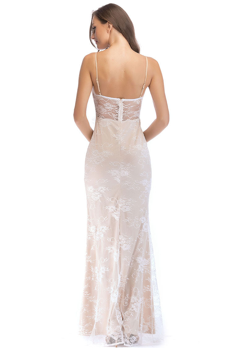 Elegant Sweetheart Spaghetti Strap High Split Lace Evening Maxi Dress - Beige 3