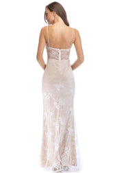 Elegant Sweetheart Spaghetti Strap High Split Lace Evening Maxi Dress - Beige 3