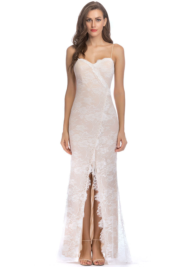 Eyelash Lace Sweetheart Spaghetti Strap Front Split Maxi Dress