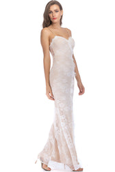 Elegant Sweetheart Spaghetti Strap High Split Lace Evening Maxi Dress - Beige 2
