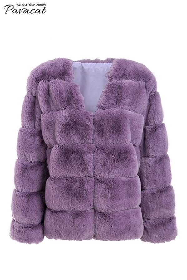 Elegant Thick Fluffy Faux Fur Coat - Light Gray