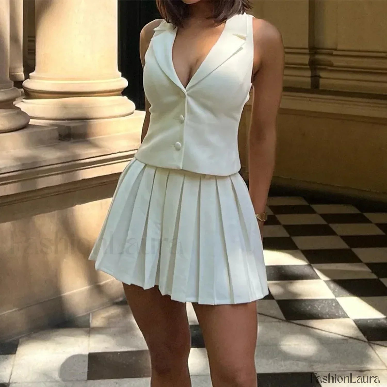 Elegant Waistcoat Pleated Skirt Deep V-neck Top Mini Skirt Two Piece Set