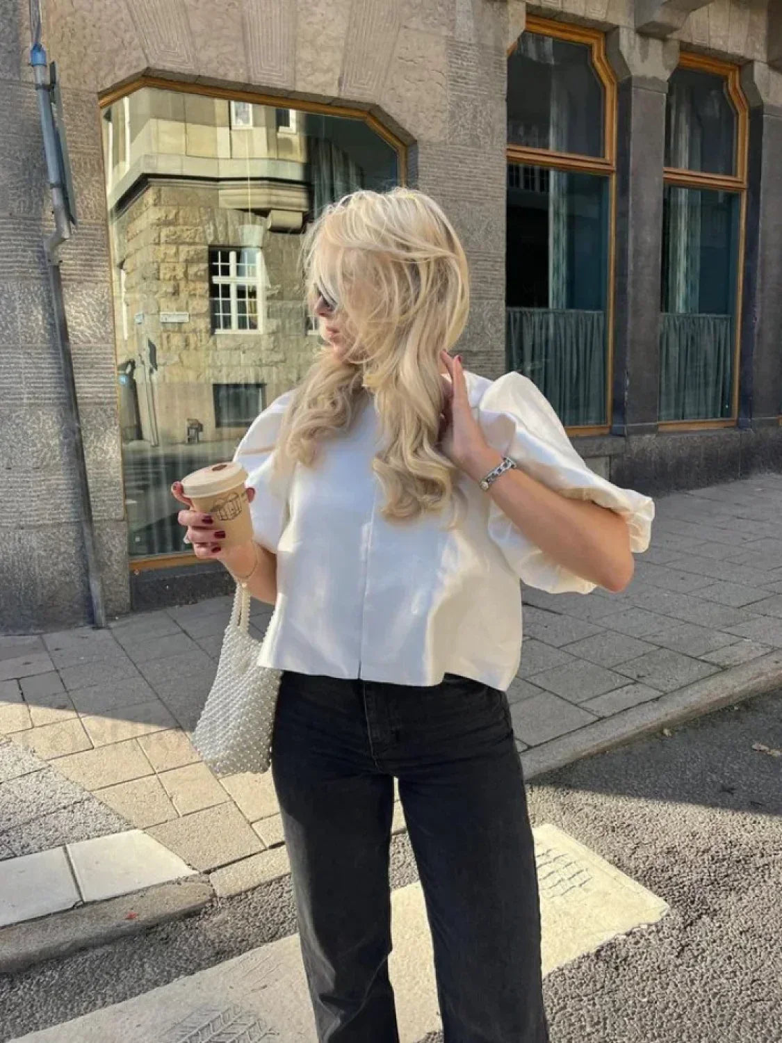 Elegant White Satin Short O-neck Female Lady Blouse