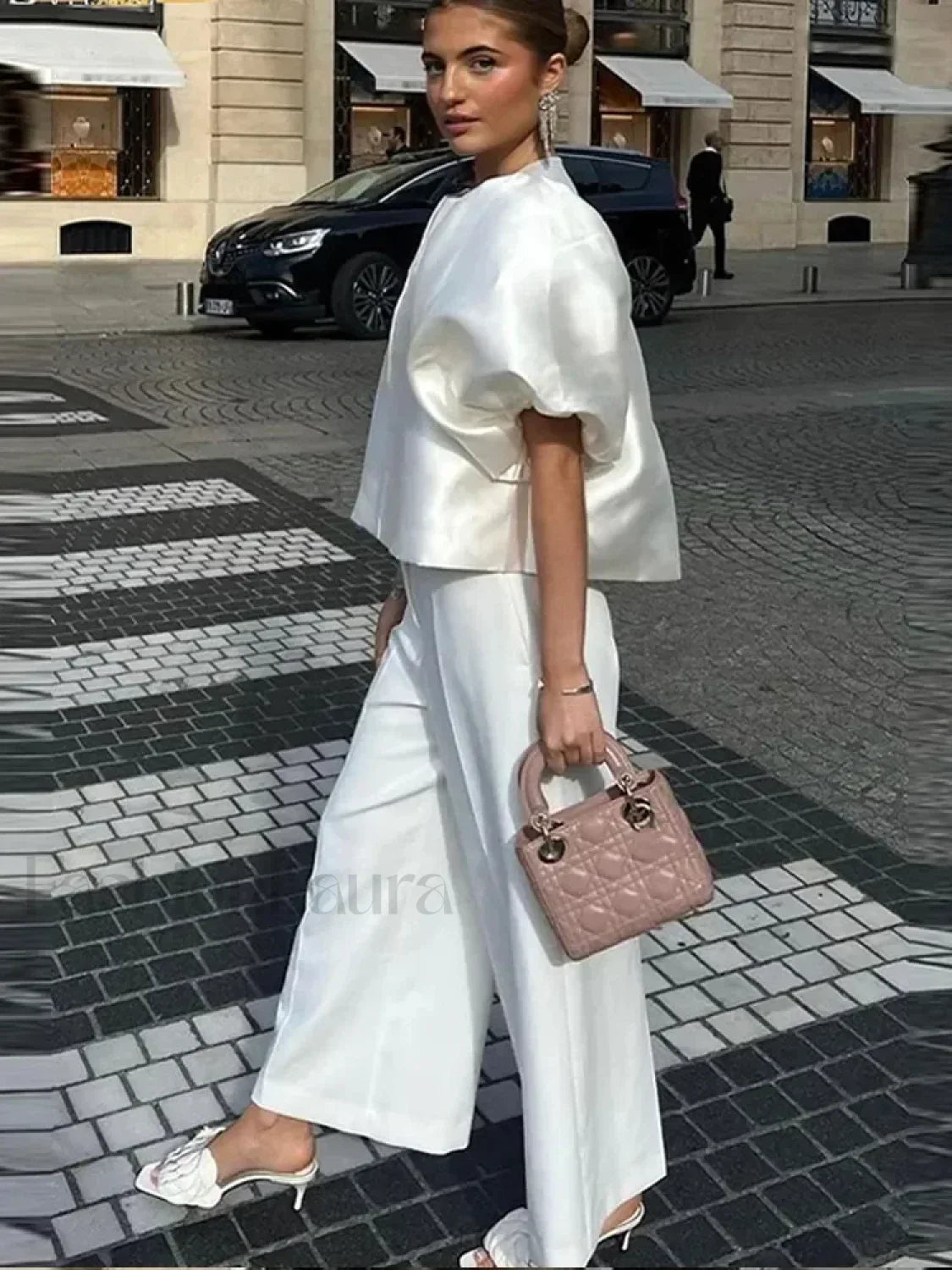 Elegant White Satin Short O-neck Female Lady Blouse