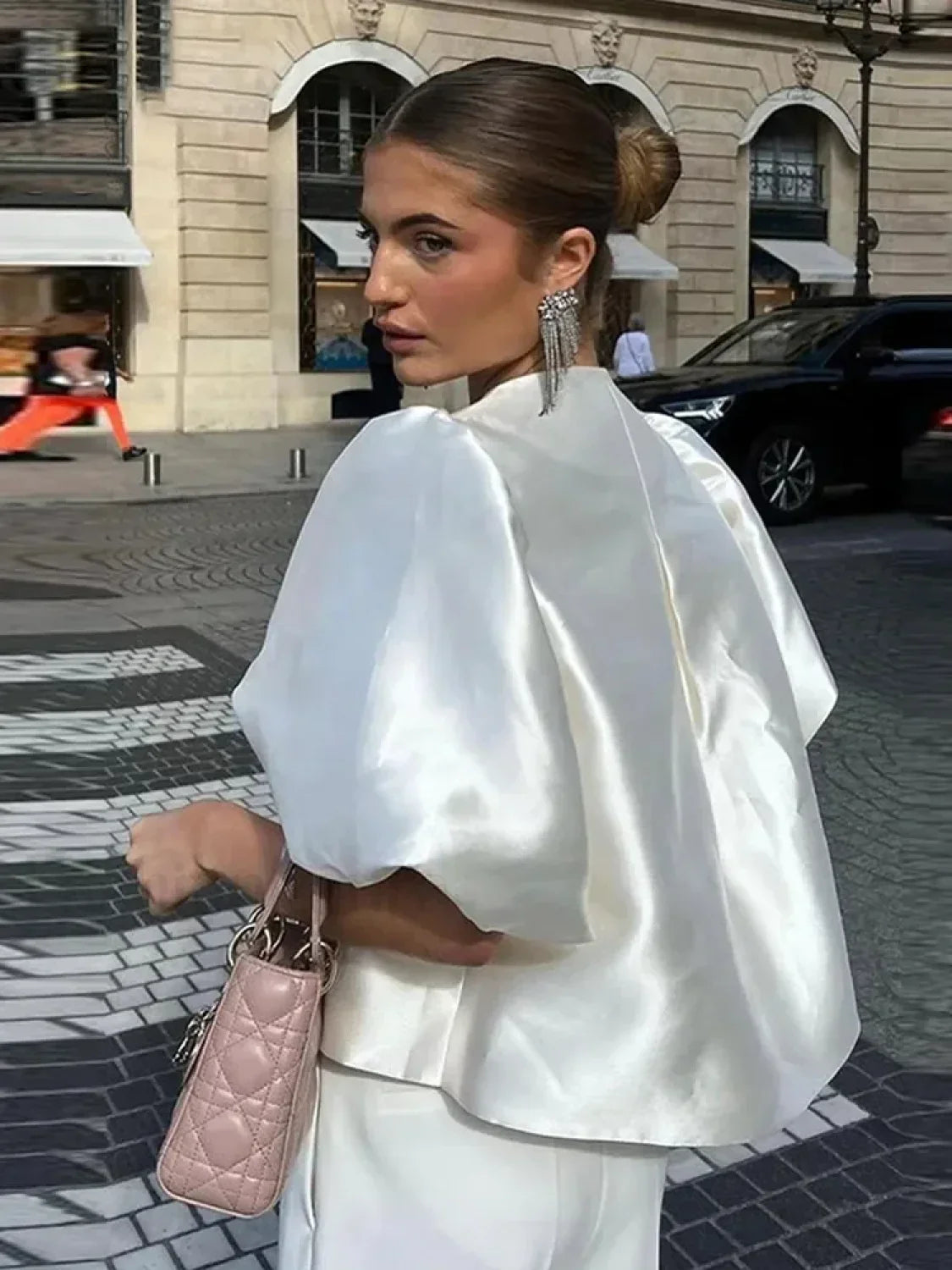 Elegant White Satin Short O-neck Female Lady Blouse