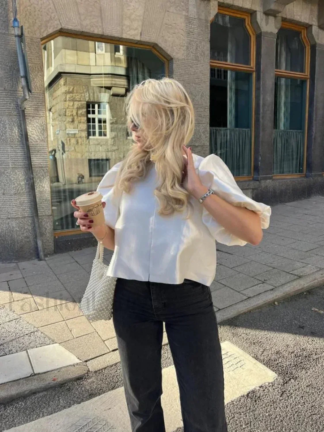 Elegant White Satin Short O-neck Female Lady Blouse