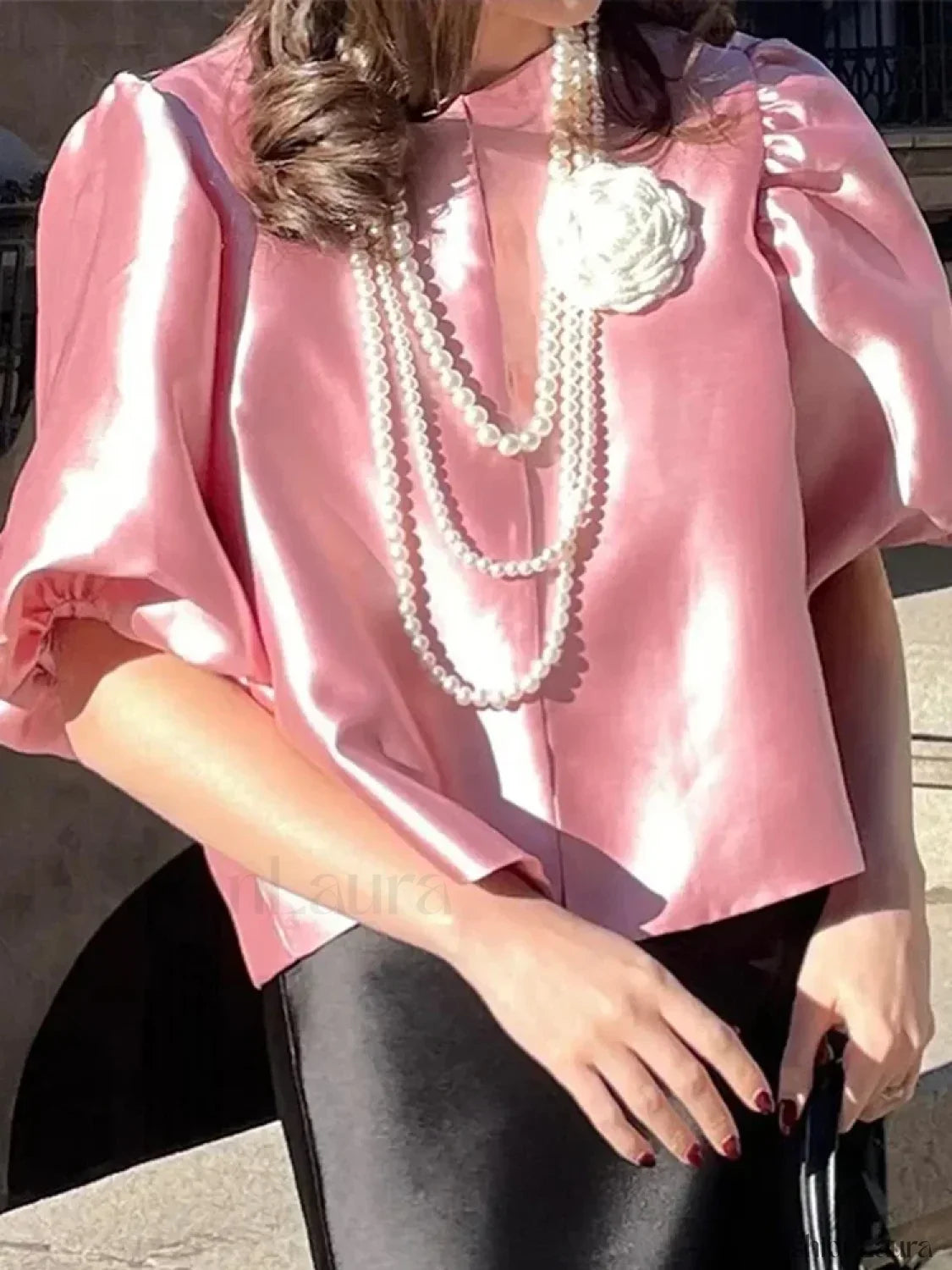 Elegant White Satin Short O-neck Female Lady Blouse