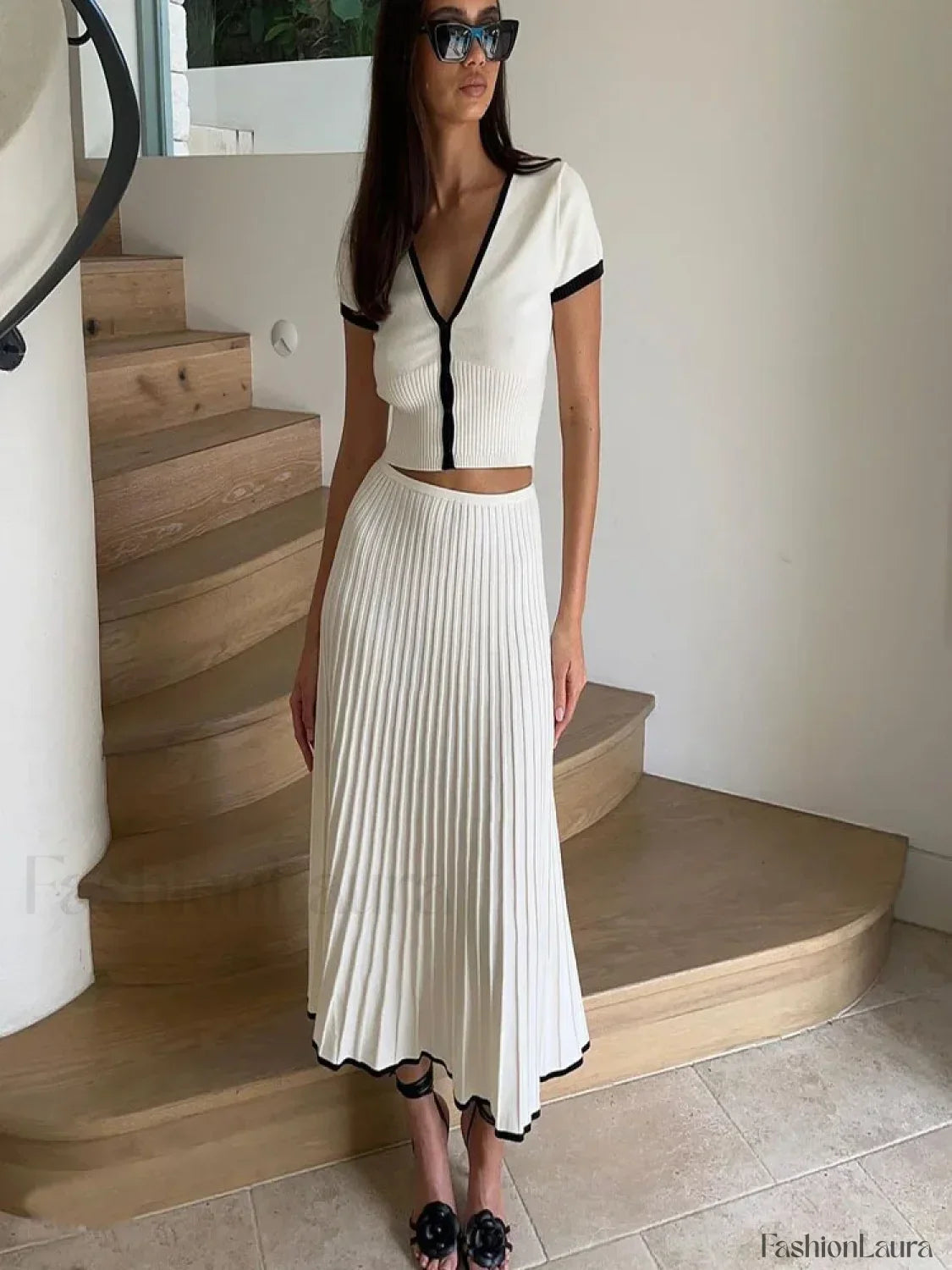 Elegant White Skirt Pleated Two Piece Set