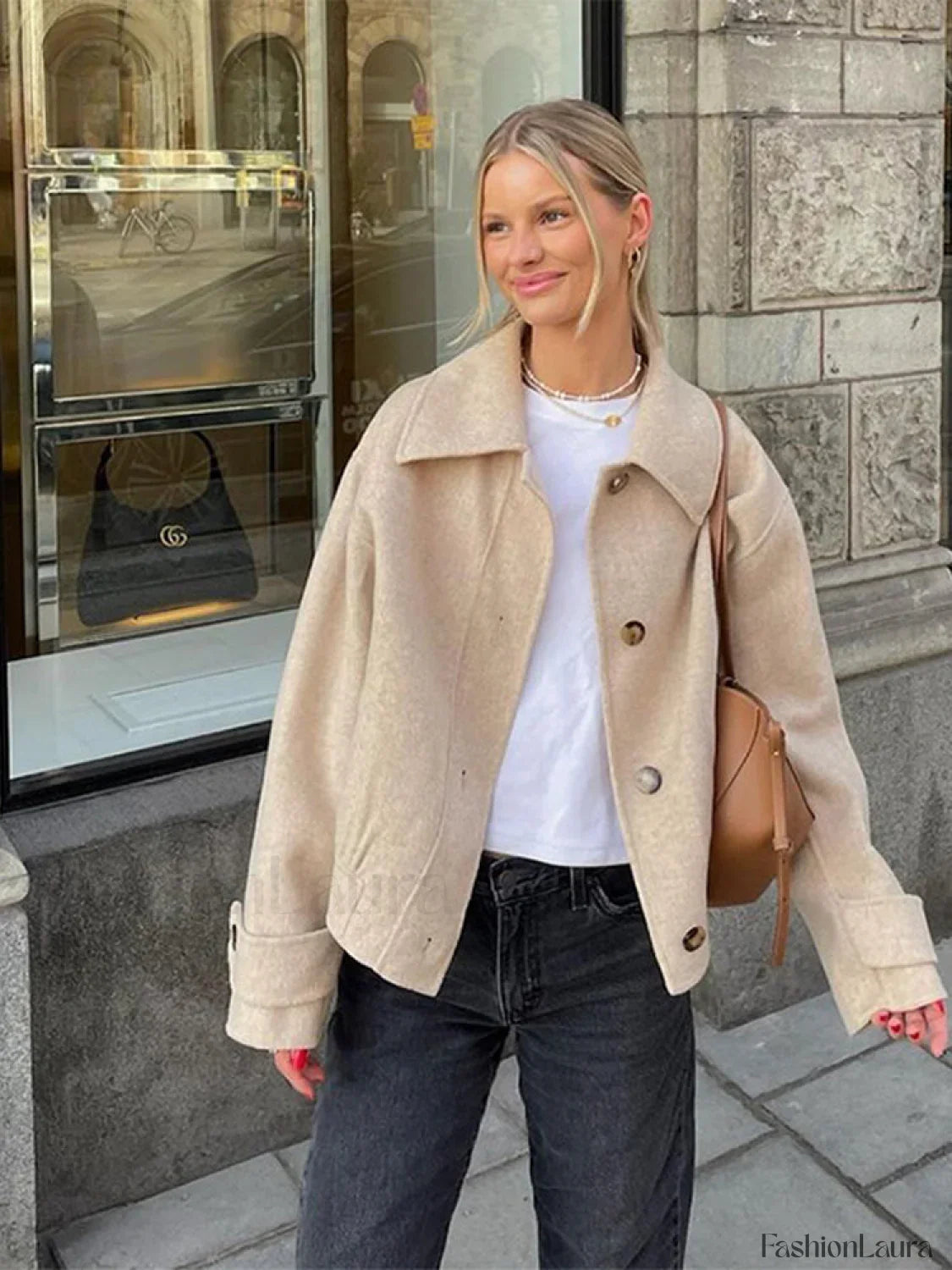 Elegant Women's Short Woolen Coat Loose Lapel Single Breasted Long Sleeve Overcoats