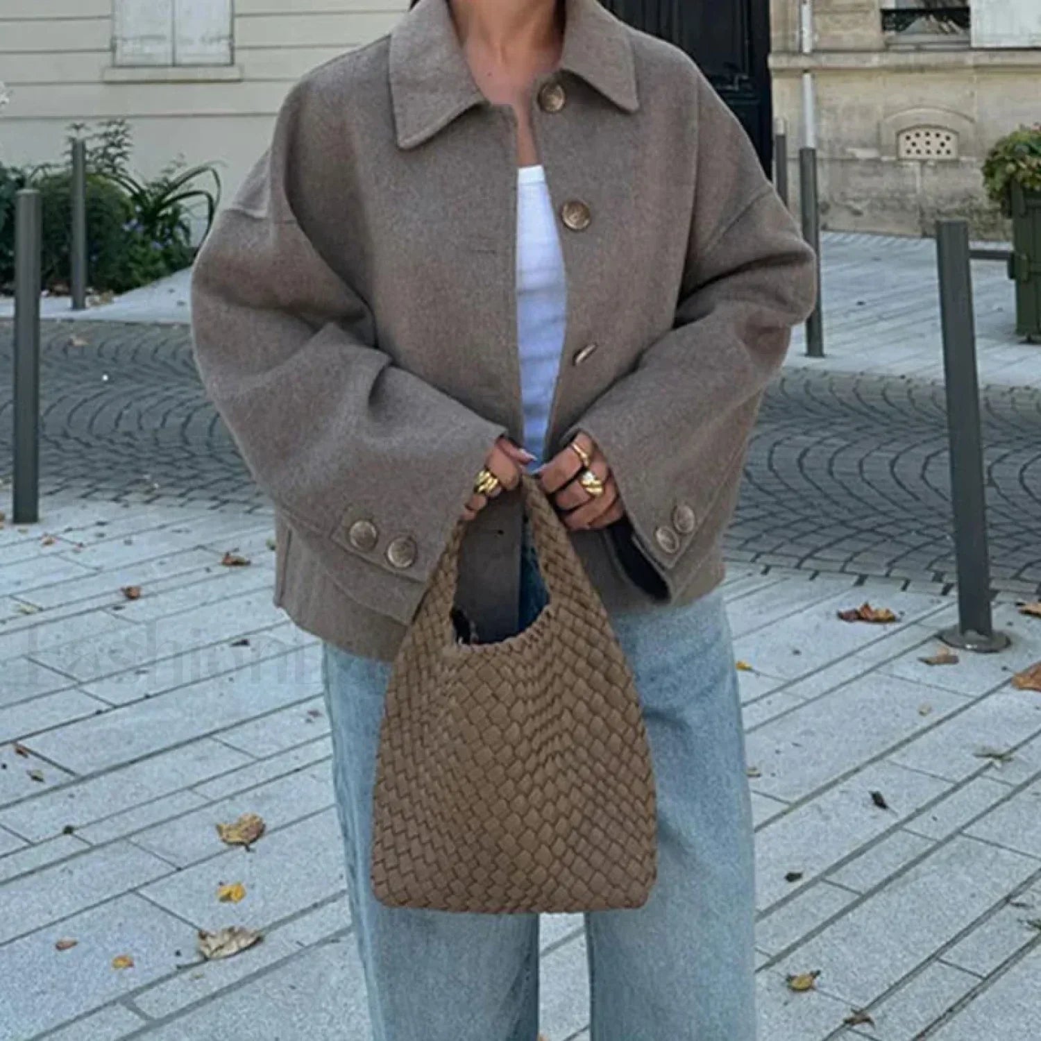 Elegant Women's Short Woolen Coat Loose Lapel Single Breasted Long Sleeve Overcoats