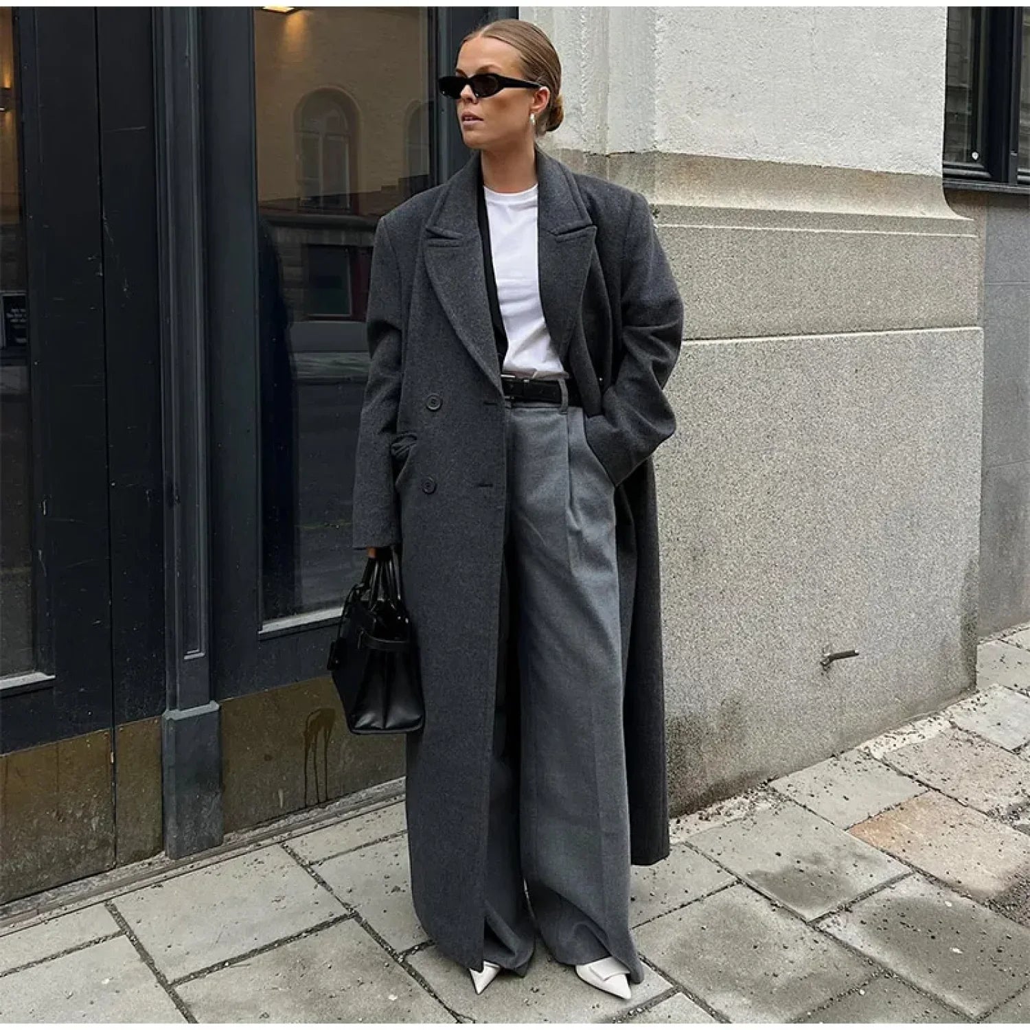 Elegant Women’s Woolen Overcoat Double Breasted Overcoats A long overcoat / S