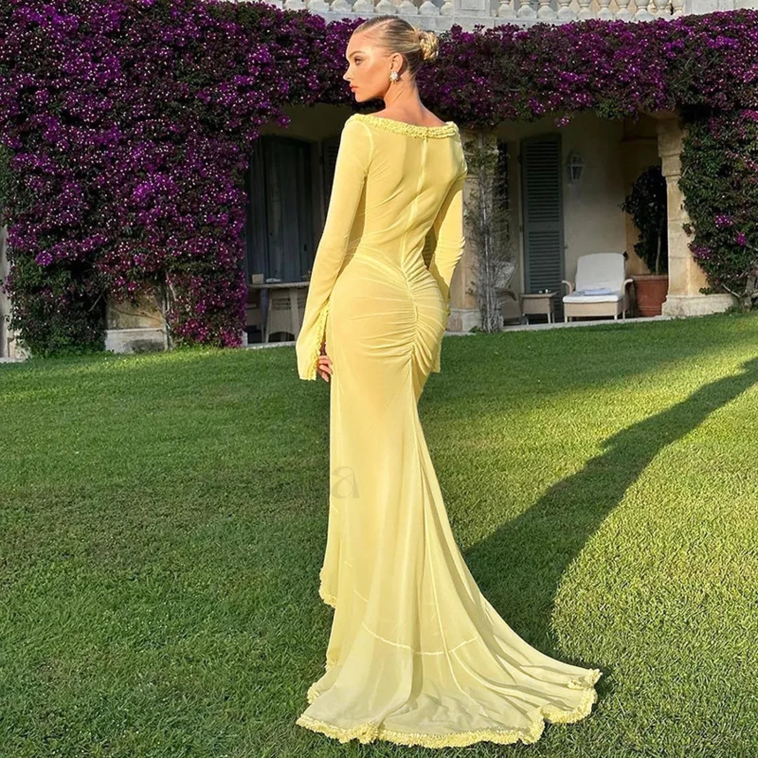 Elegant Yellow See Through Ruched Summer Long Sleeve Maxi Dress