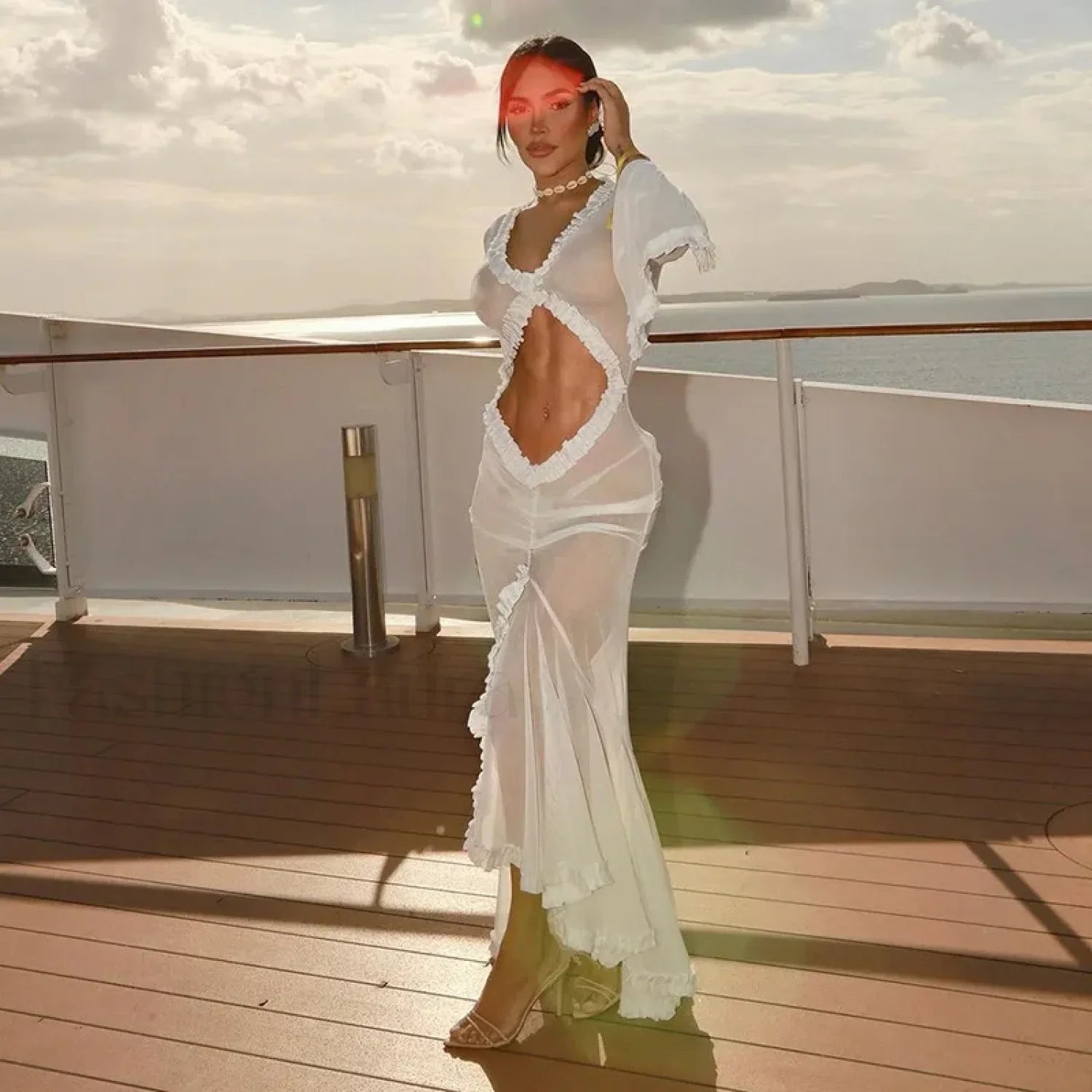 Elegant Yellow See Through Ruched Summer Long Sleeve Maxi Dress