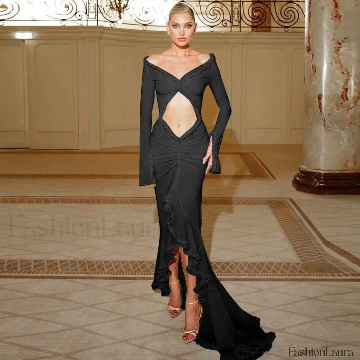 Elegant Yellow See Through Ruched Summer Long Sleeve Maxi Dress