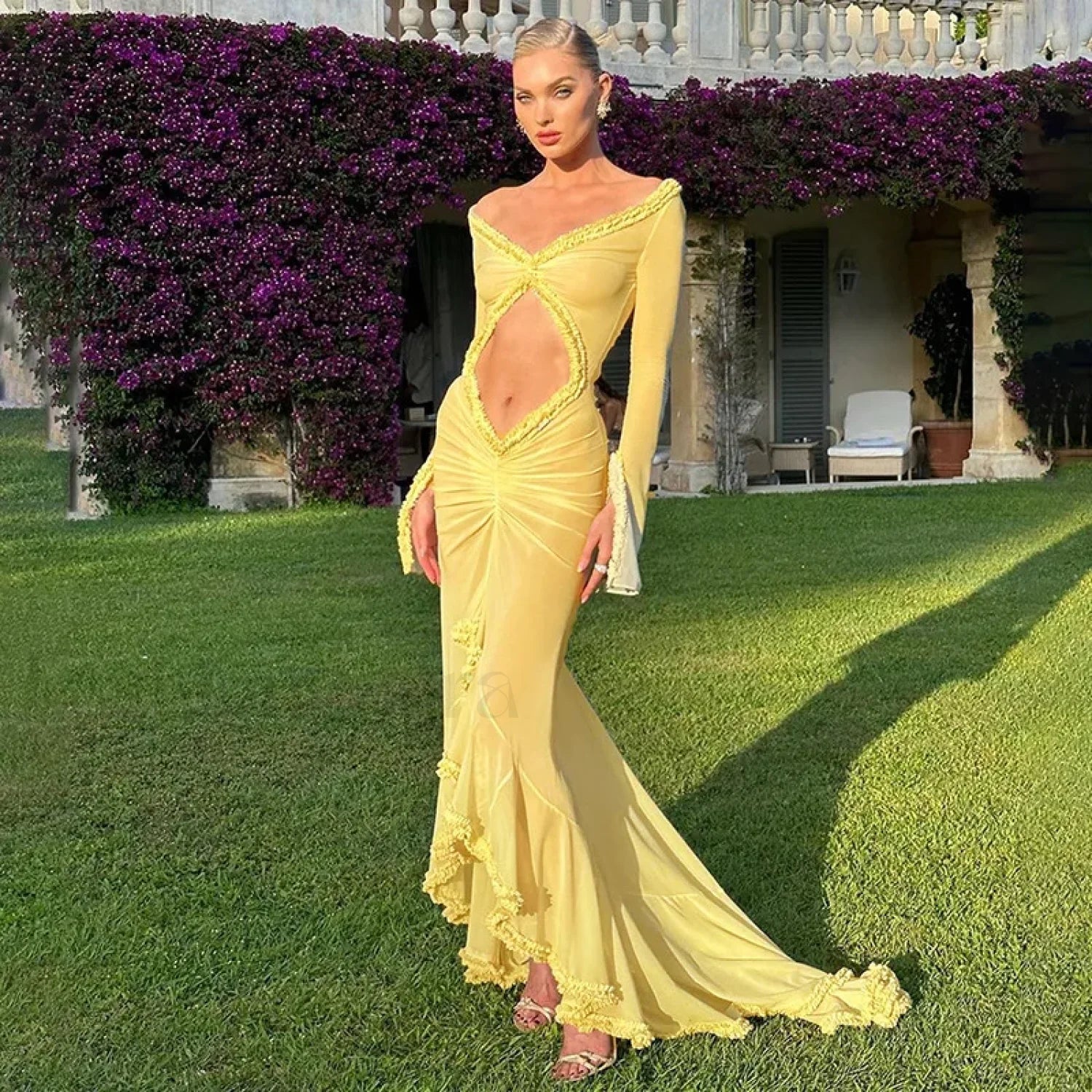Elegant Yellow See Through Ruched Summer Long Sleeve Maxi Dress Yellow / S