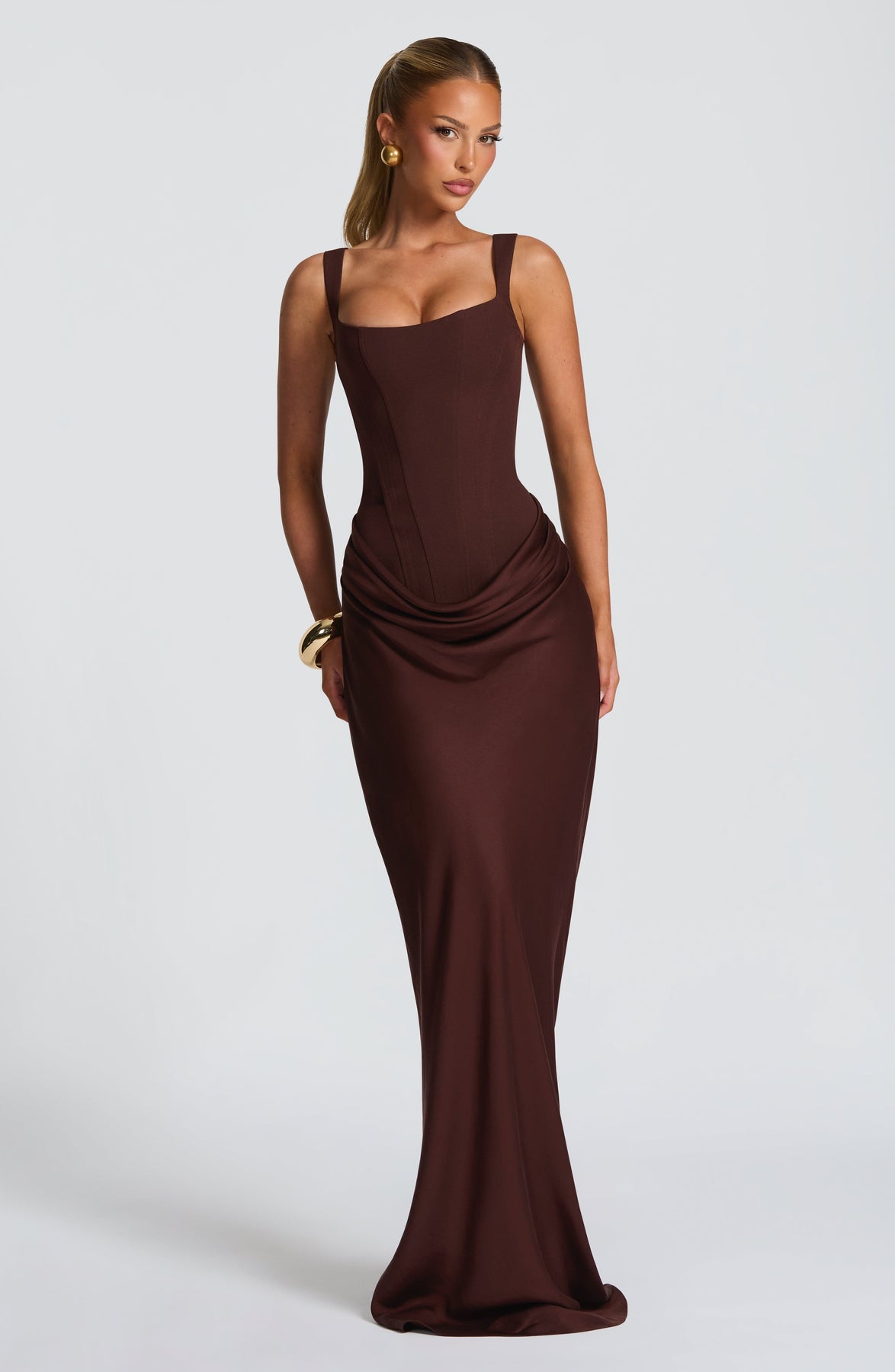 Corset Bodice Square Neck Draped Hip Sleeveless Maxi Dress 2